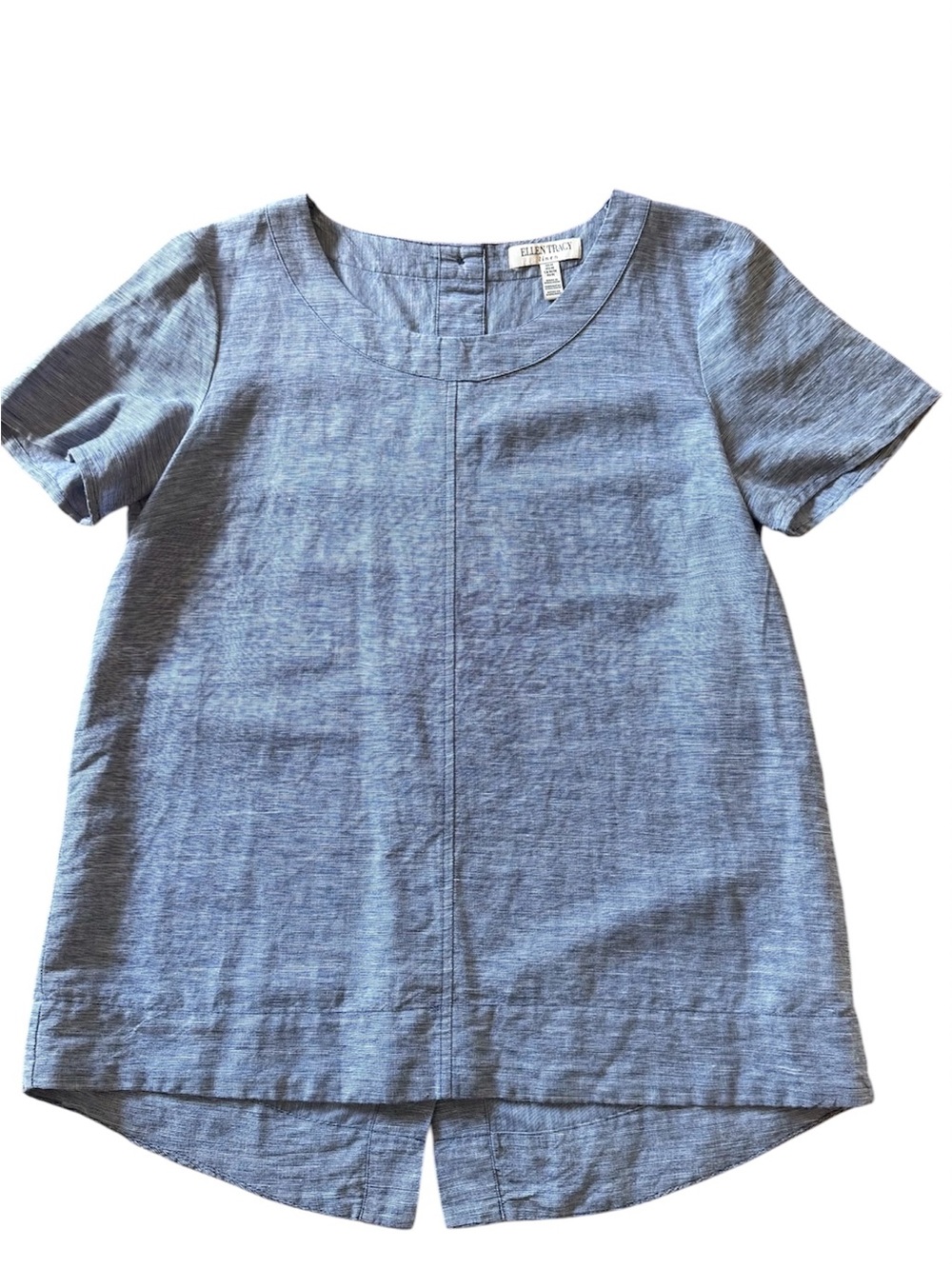Ellen Tracy Linen Cotton Blend Short Sleeve Tunic Top in Blue